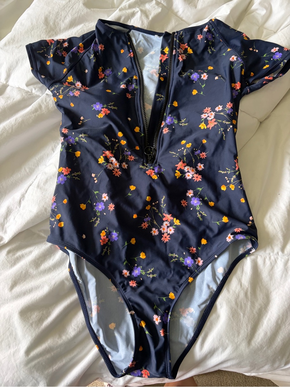 Cupshe Navy Floral Zip Front One-Piece Swimsuit